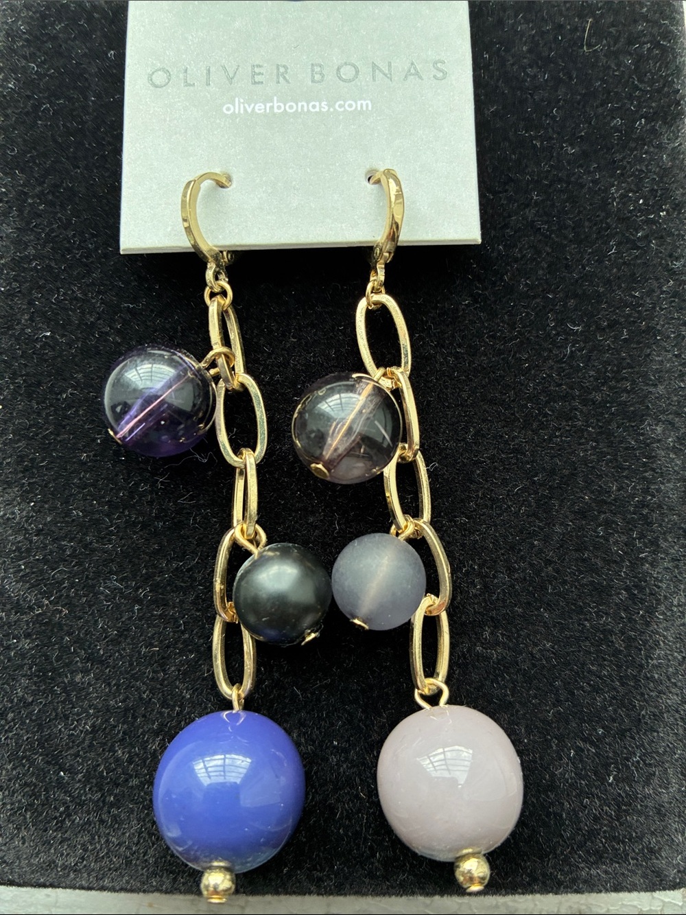 Oliver Bonas Gold Chain Drop Earrings with Purple and Blue Beads - NWT